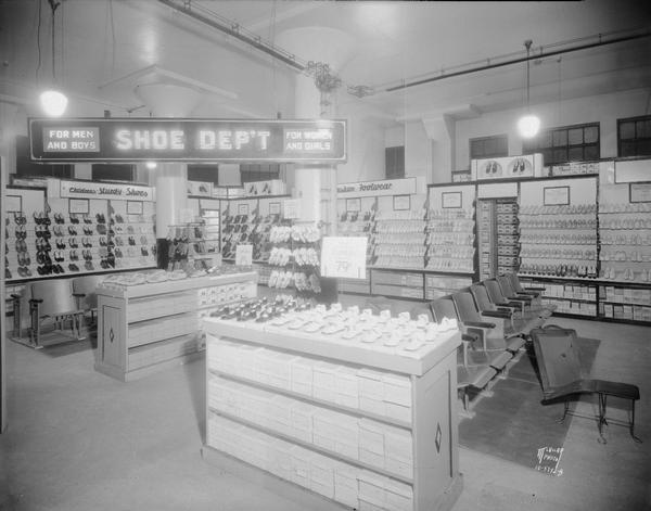 Hill's Department Store, 202 State Street, shoe department, showing pneumatic tube paying system.