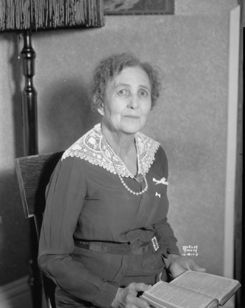 Portrait of Margaret Phillips, secretary of the Women's Christian Temperance Union, seamstress, writer, and a Madison activist.