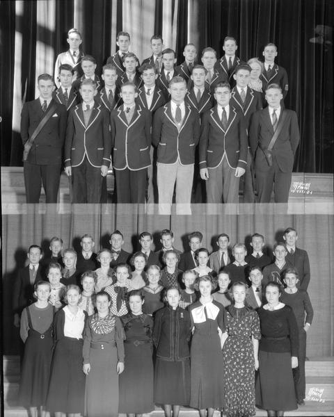 5001B-1 group portrait of a boys usher club in uniform, with Miss Agnes Leary. 5001B-2 group portrait of Student Council members.