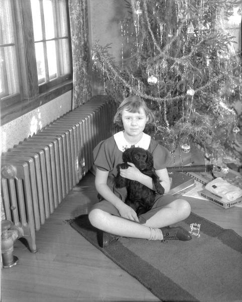 Little girl sitting on the floor in front of a Christmas tree, holding a dog.