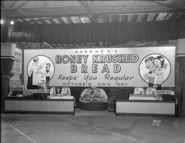 Gardner Baking Co. booth at the Home Show featuring Honey Krushed Bread, "Keeps You Regular, Nature's Own Way."
