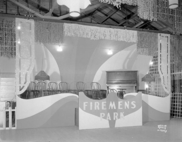 Stage set up for the band, at the Waterloo Firemen's Park pavilion, which is decorated for the Junior Prom.