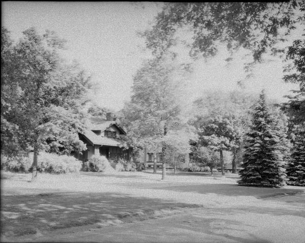 Tree-lined street and two houses in the Lakewood subdivision. The bungalow was located at 146 Lakewood Boulevard, next to 140 Lakewood Boulevard.