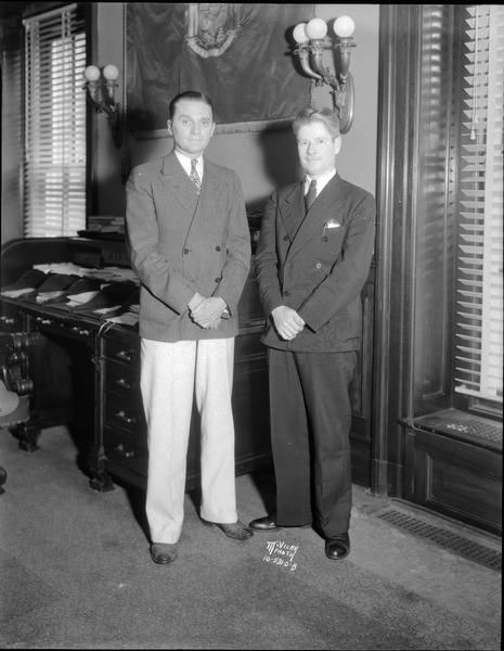 U.S. Senator Gerald P. Nye of North Dakota and Governor Phillip La Follette standing in the governor's office.