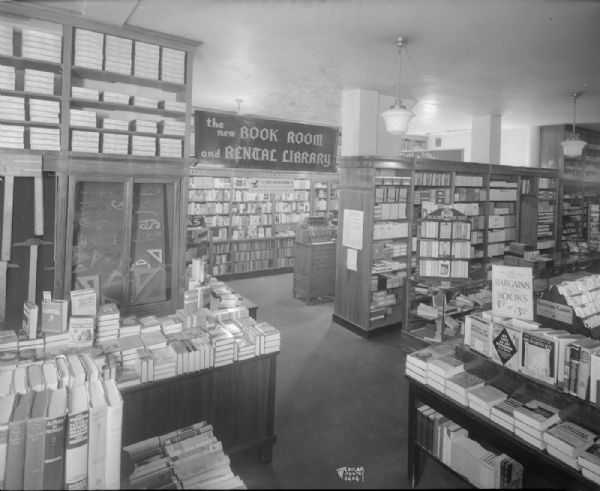 Brown's Book Shop, interior view looking toward the new book room and rental library, 643 State Street.