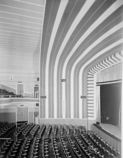 Vertical view of Madison Theatre interior of the left side, 111 Monona Avenue. (Martin Luther King Jr, Boulevard.), Art Deco style.