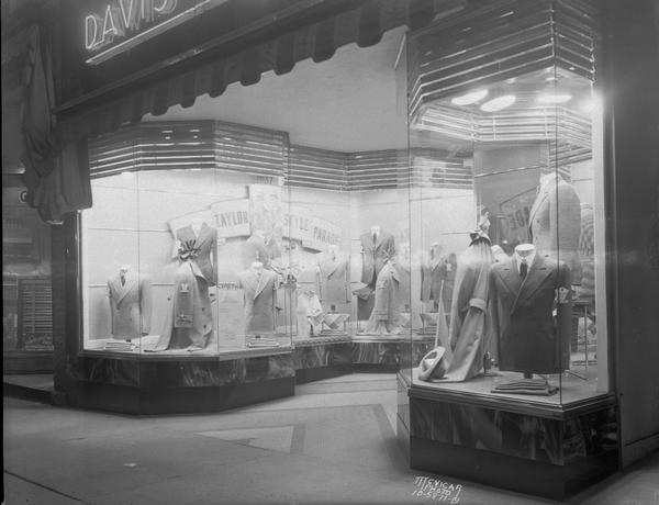 Davis and O'Connell men's clothing store windows, 114 State Street, sign reads: "Lord Taylor Style Parade."
