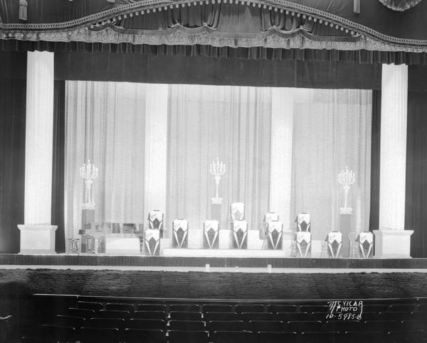 Orpheum Theatre stage set up for a band/orchestra. The initials RP are on the musician stands.
