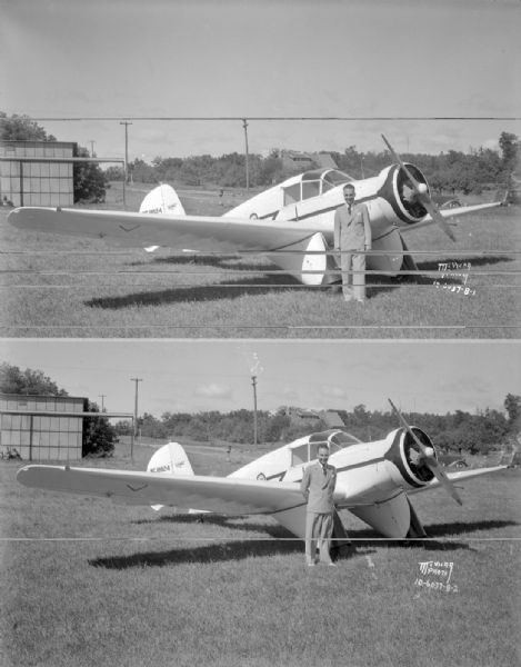 Max McCotter standing beside his Aeronca airplane at the Royal Airport. Taken for the Pure Oil Company.