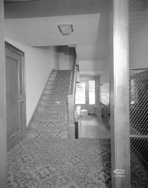 Interior view of the foyer of Gay apartment building called the Lyon Apartments, 330 N. Carroll Street, featuring the new carpet.