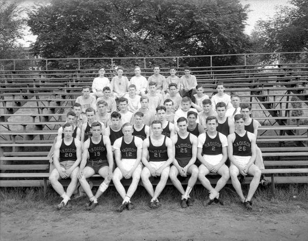 Group portrait of 36 members of Central High School track squad. Milt Diehl, coach.