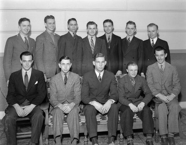 Group portrait of twelve Madison Business College male students.