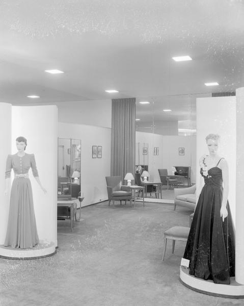 Manchesters Department Store, 2-6 East Mifflin Street formal dress department with mannequins in two full-length gowns. Second floor remodeled.