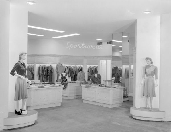 Manchester's Department Store, 2-6 East Mifflin Street, women's sportswear department, second floor remodeling, showing two mannequins wearing skirts and blouses.