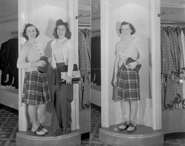Darling Shop, 9 East Main Street, female clothing models, Beverly Muenchow and Eileen Regan, wearing sports outfits, trousers and skirts with blouses, saddle shoes.