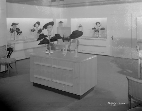 Hats on display in Manchester's, Inc., millinery department, 2-6 East Mifflin Street.