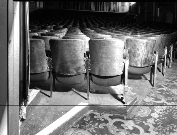 Interior rear view of the seating of the Orpheum Theatre, at the back of the main floor looking towards the stage.