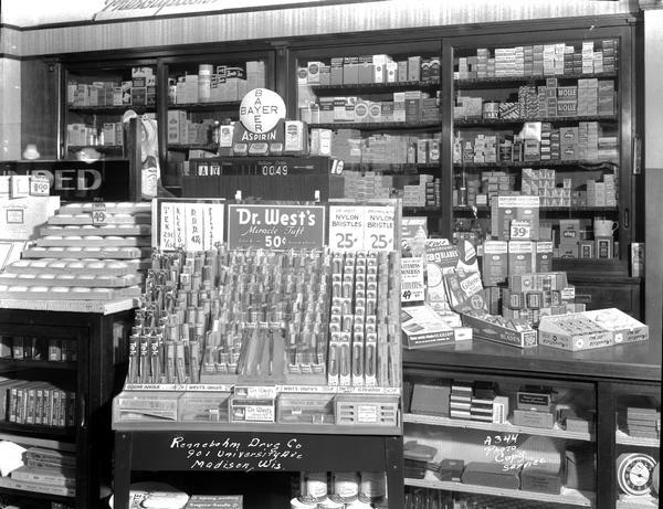 Counter display of Dr. West's Miracle Tuft toothbrush display at Rennebohm Drug Store #7, 901 University Avenue.