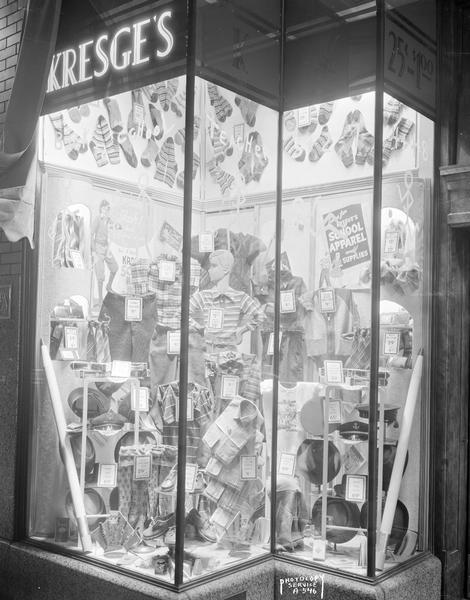 Kresge store window, 2527 East Main Street, featuring school apparel and supplies.