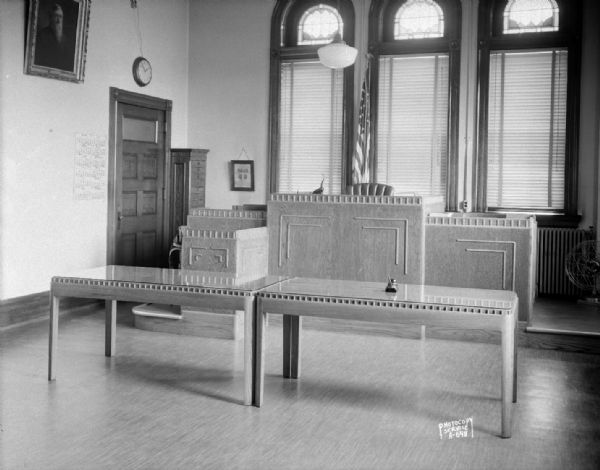 Interior view of County courtroom at Dane County Court House, 207 West Main Street, showing judge's bench and tables.