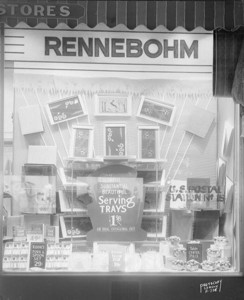 Rennebohm's Drug Store #2, 204 State Street, with a display window featuring "Colorful, Substantial, Beautiful Serving Trays."