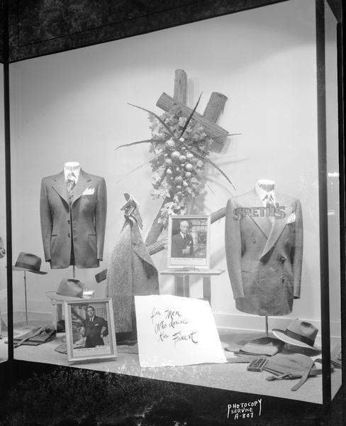 Speth's, men's clothing store, 222 State Street, display window featuring men's suits and Lord Calvert whiskey. "For men who desire the finest."