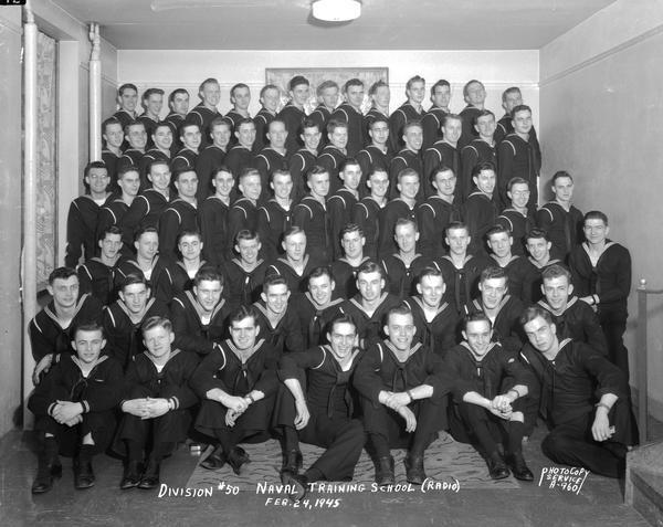 Group portrait of U.S. Naval Training School (Radio), Division #50, trainees, University of Wisconsin-Madison.
