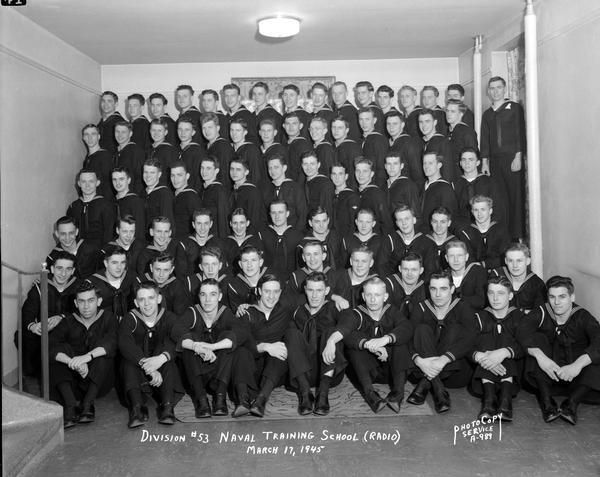 Group portrait of U.S. Naval Training School (Radio), Division #53, trainees, University of Wisconsin-Madison.