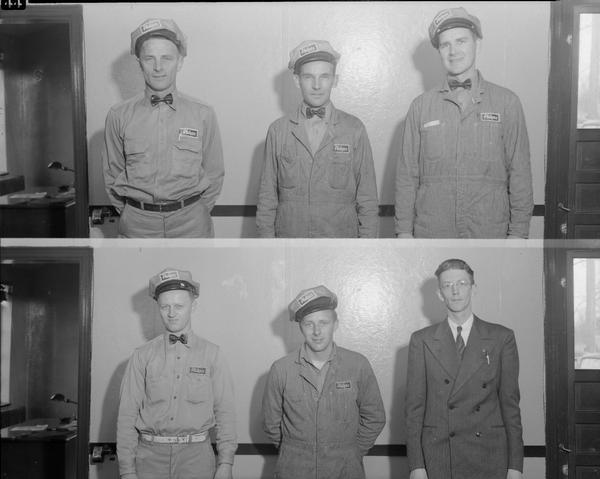 Portraits of six male Philgas Corporation employees, five wearing uniforms and one in a business suit.