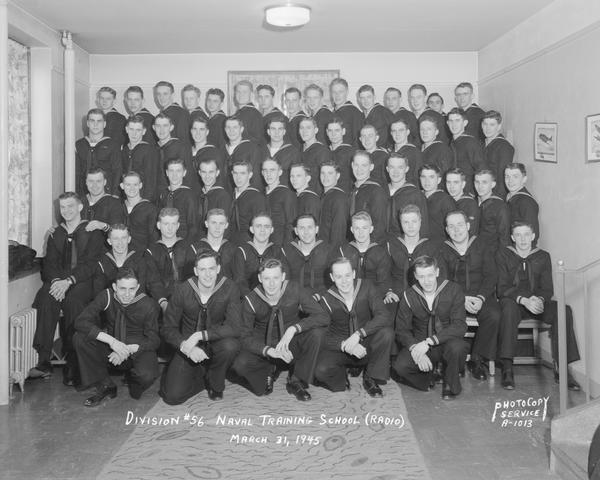 Group portrait of U.S. Naval Training School (Radio), Division #56, trainees, University of Wisconsin-Madison.