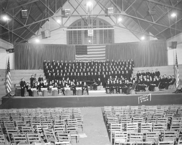 U.S. Navy V-12 Chorus and University of Wisconsin Band at the Stock Pavilion. Separate label negative reads, "3rd Anniversary - Happy Hour".