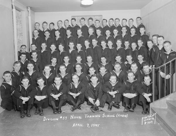 Group portrait of U.S. Naval Training School (Radio), Division #57, trainees at University of Wisconsin-Madison.