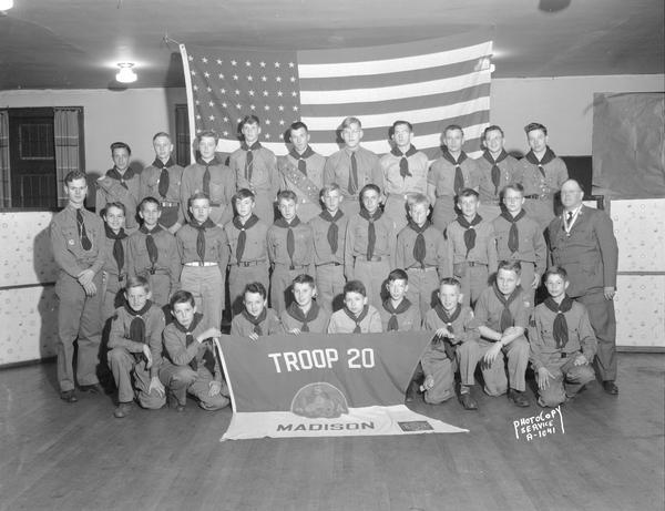 Group portrait of Boy Scouts Troop #20 at Christ Presbyterian Church, 124 Wisconsin Avenue.