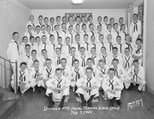 Group portrait of U.S. Naval Training School (Radio), Division #70, trainees at University of Wisconsin-Madison.