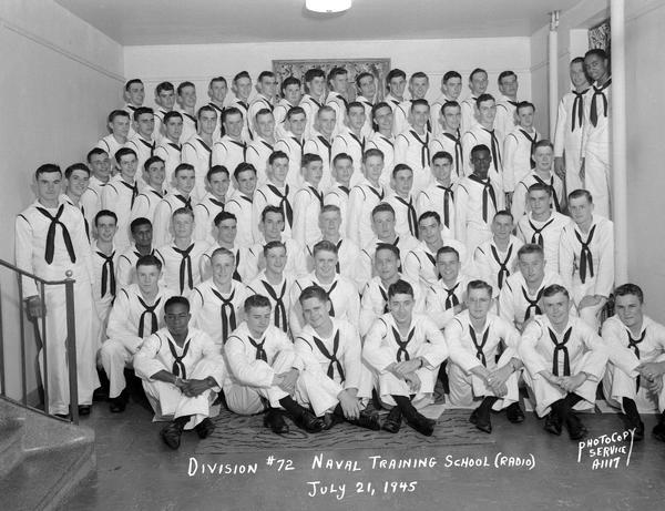 Group portrait of U.S. Naval Training School (Radio), Division #72, trainees at University of Wisconsin-Madison.