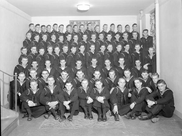 Group portrait of U.S. Naval Training School (Radio), Division #76, trainees at University of Wisconsin-Madison.
