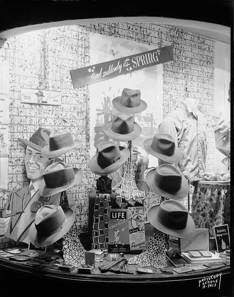 Display window at Rundell's Inc.,15 East Main Street, featuring Paragon men's hats.
