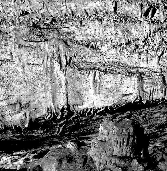 Interior view of Eagle Cave, Richland County, featuring "Giant Stalagmites." Wisconsin's largest onyx cave.