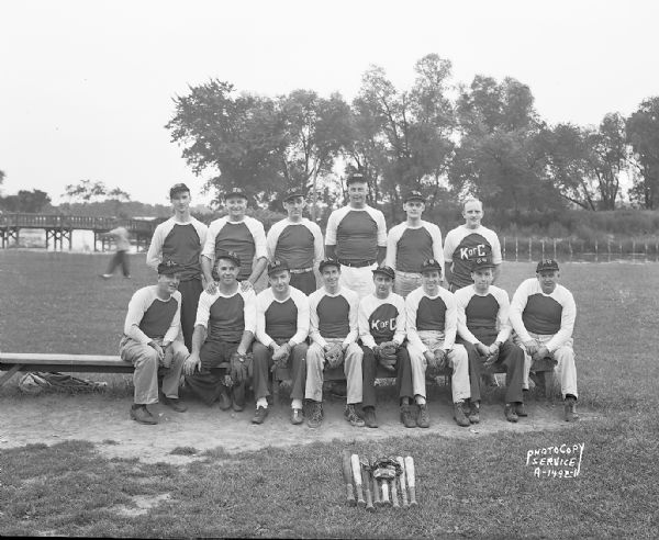 Group portrait of the Knights of Columbus baseball team in uniform.