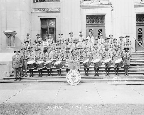 Boy Scouts Four Lakes Drum & Bugle Corps "Jamboree Corps - 1947" in front of the Masonic Temple, 301 Wisconsin Avenue.
