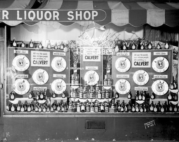 Calvert Liquor window display at the Badger Liquor Shop, 402 State Street.