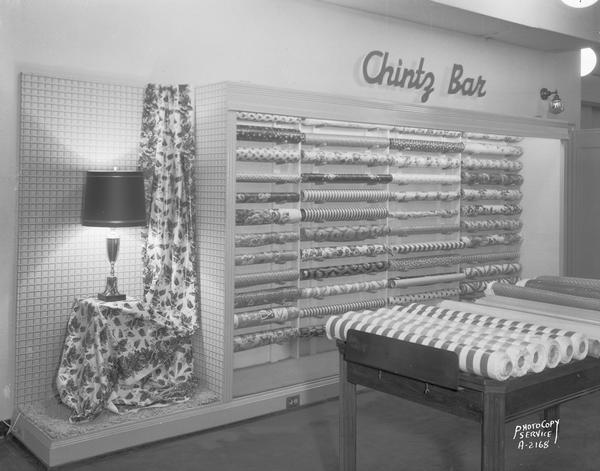 "Chintz Bar" showing Chintz fabric in the drapery department of Manchester's, Inc., 2 East Mifflin Street.