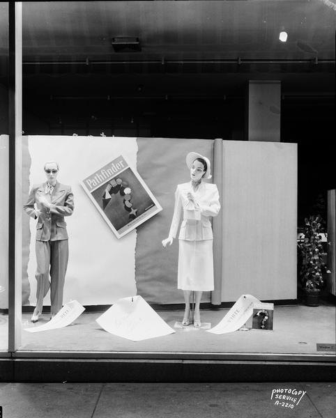 Manchester's, Inc., 2 East Mifflin Street, "Favorite colors white and red" suit and pantsuit window display, with two mannequins. Display window "C."