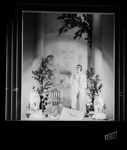 Manchester's Department Store, 2 East Mifflin Street, display window featuring Playtex girdles, and a mannequin wearing a robe.