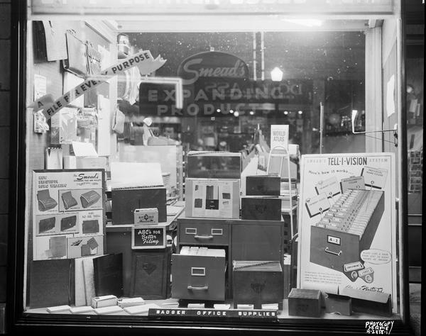 Badger Office Supplies, 120 West Mifflin Street, featuring a window display of Smead's files: "A file for every purpose."