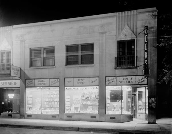 View towards the Brown's Book Store storefront, 673 State Street, with display windows.