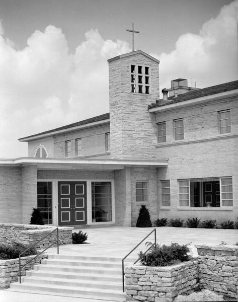 Close-up of terrace entrance and tower to St. Benedict's Convent, Mother House, Fox Bluff, 4200 County Highway M.