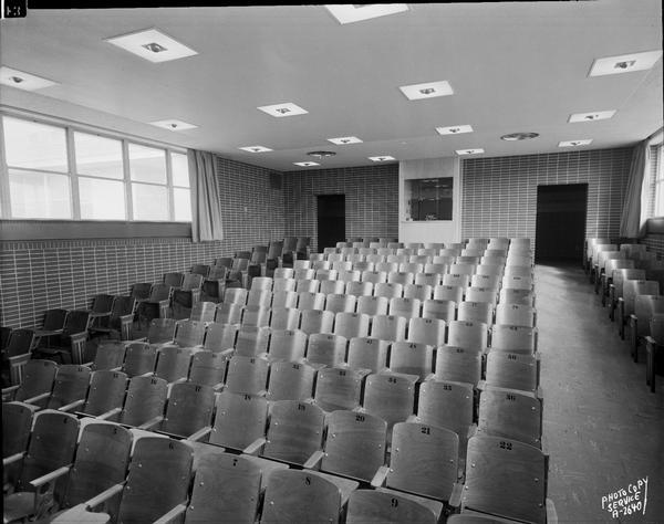 Auditorium in the University of Wisconsin Bacteriology Building, 1550 Linden Drive. View from the front.
