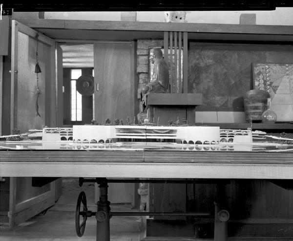 Model of proposed city auditorium (Monona Terrace), straight on view, taken inside Frank Lloyd Wright's Taliesin Studio.