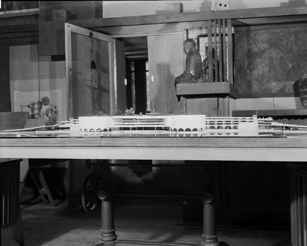 Model of proposed city auditorium (Monona Terrace), straight on view of right side, taken inside Frank Lloyd Wright's Taliesin Studio.